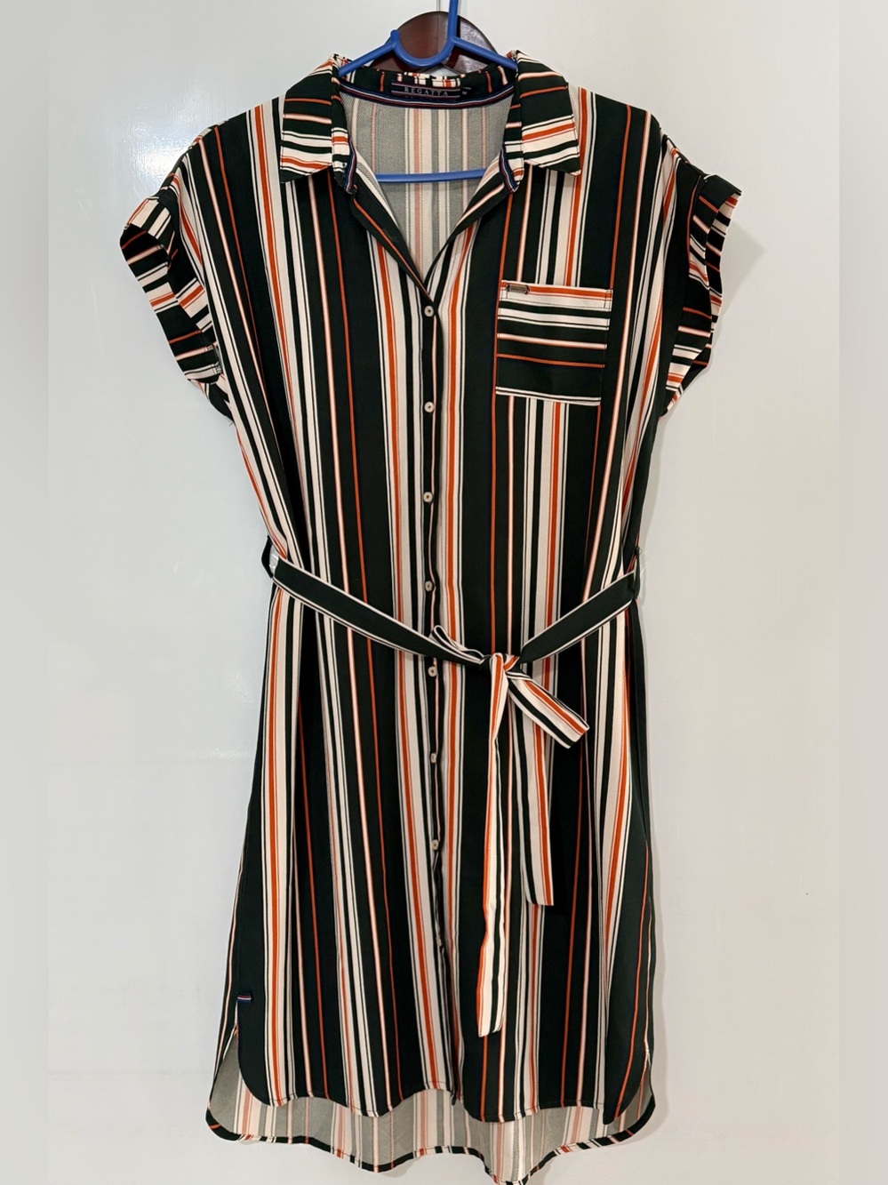 Regatta Stripped Button-Front Belted Shirt Dress in Black and Orange Size Medium